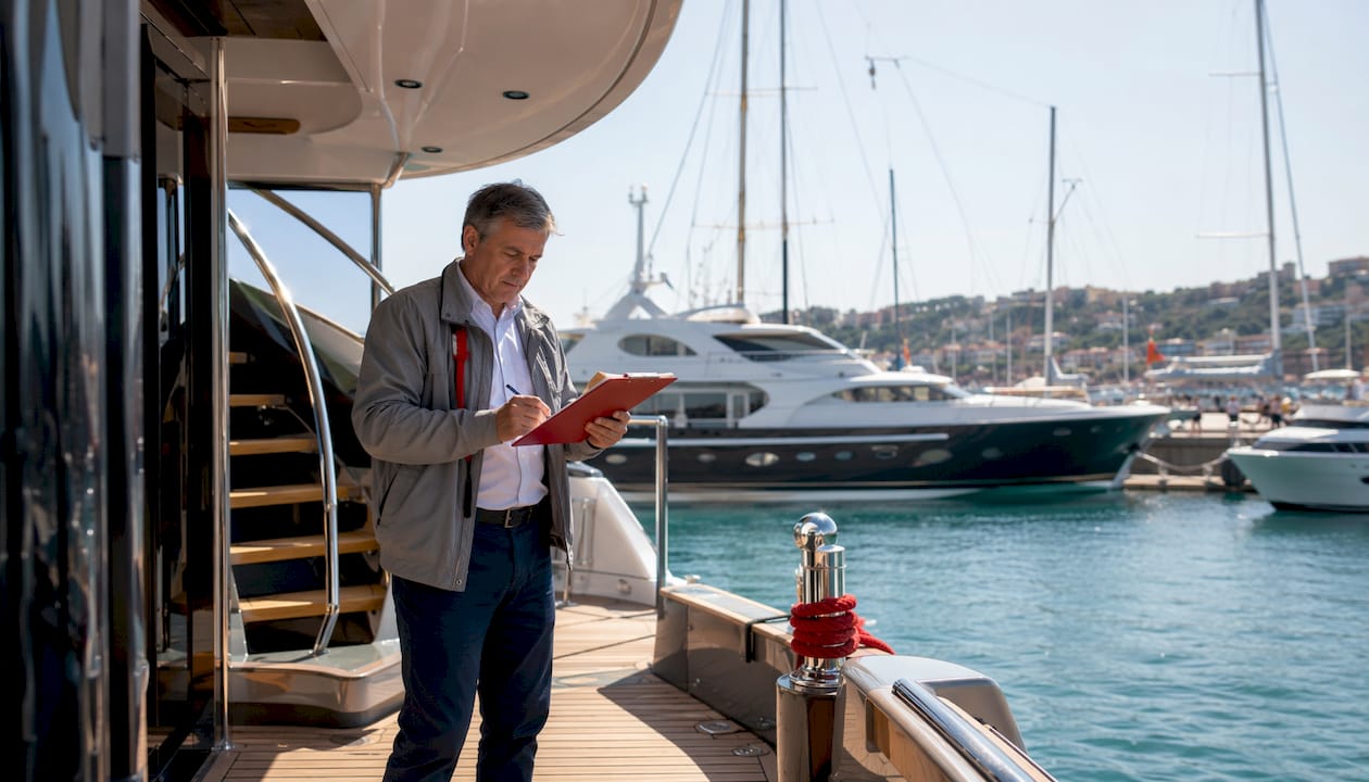 Marine surveyor inspecting yacht deck in marina