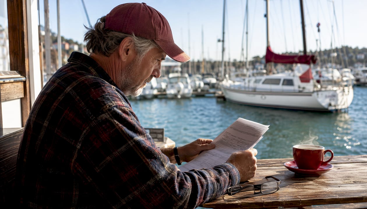 Boat owner reviewing vessel registration fee statement at marina café