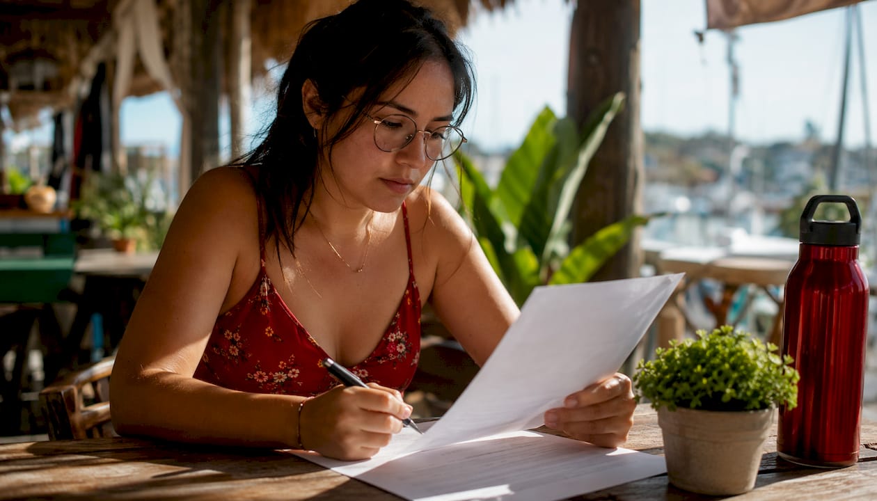 Woman reviewing boat bill of sale paperwork