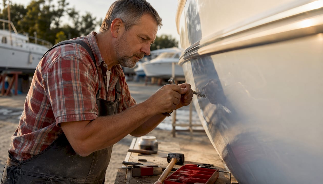 Hands stamping Hull Identification Number on boat hull