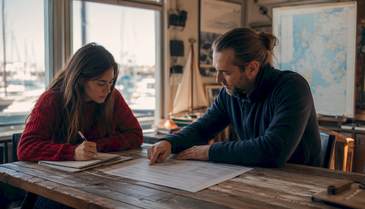 Hands reviewing yacht registration documents
