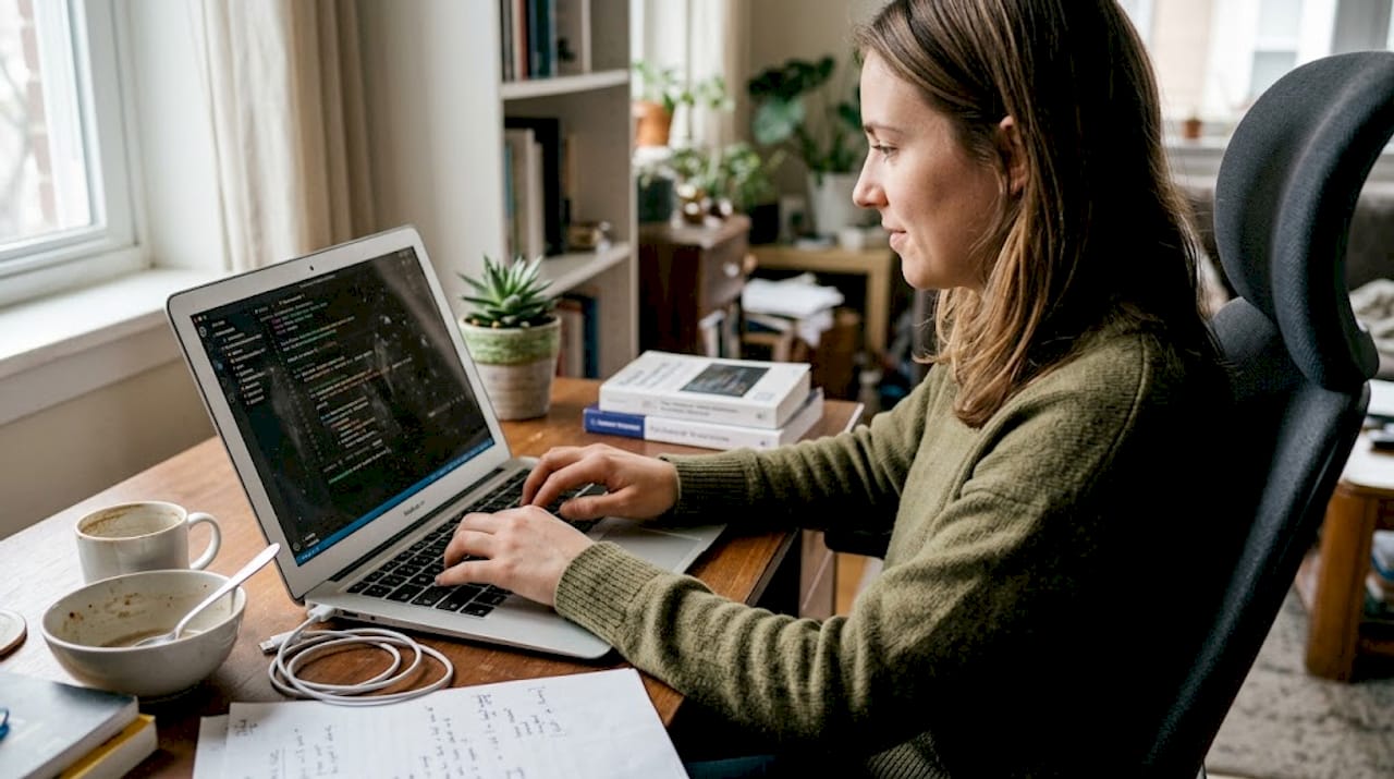 Una mujer trabaja desde casa desarrollando proyectos de inteligencia artificial.