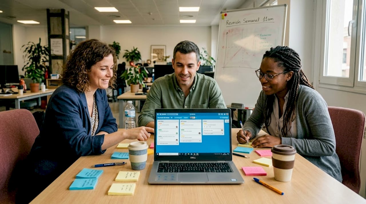 Compañeros de trabajo organizando tareas y colaborando en línea a través de un tablero Kanban digital.
