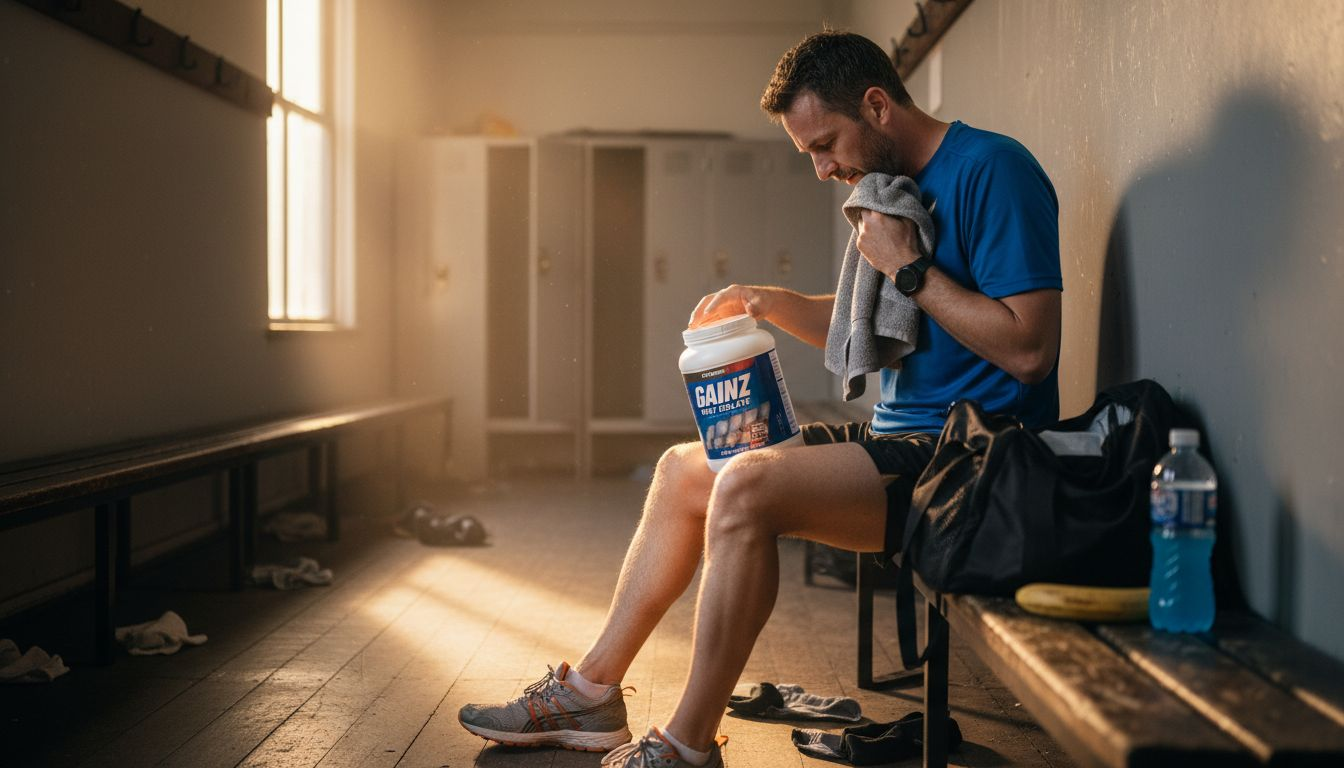 Runner preparing protein supplement in locker room