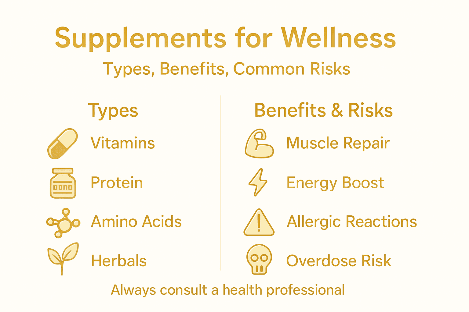 Infographic of supplement types, benefits, and risks
