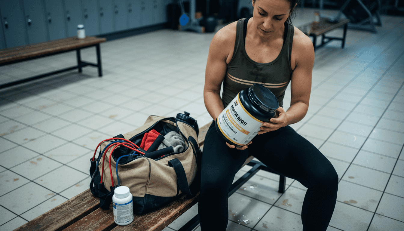 Athlete studying supplement label in locker room
