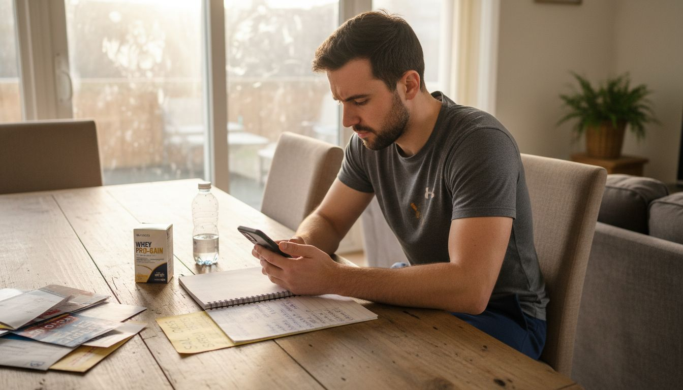 Man comparing supplement discount codes at table