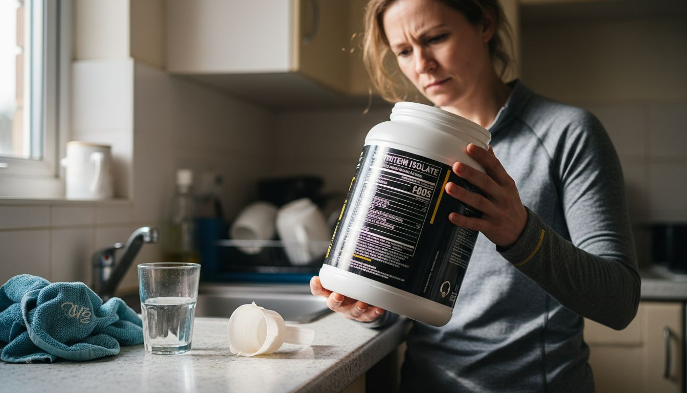 Woman reading supplement ingredient label closely
