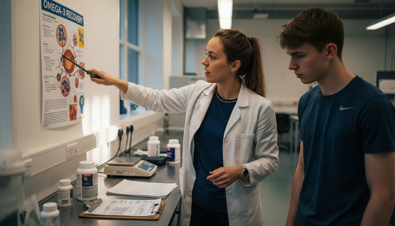 Dietitian showing omega-3 muscle recovery diagram