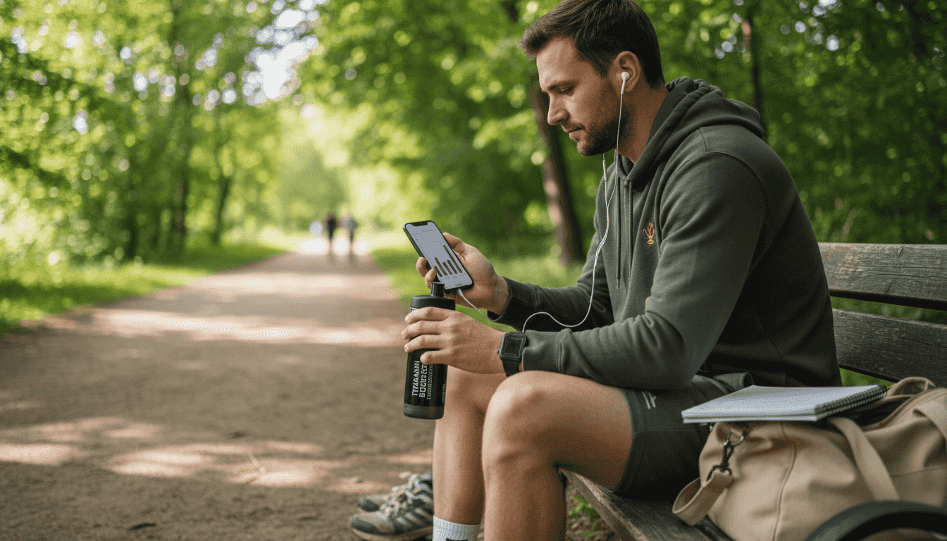 Man tracking supplement effects at park bench