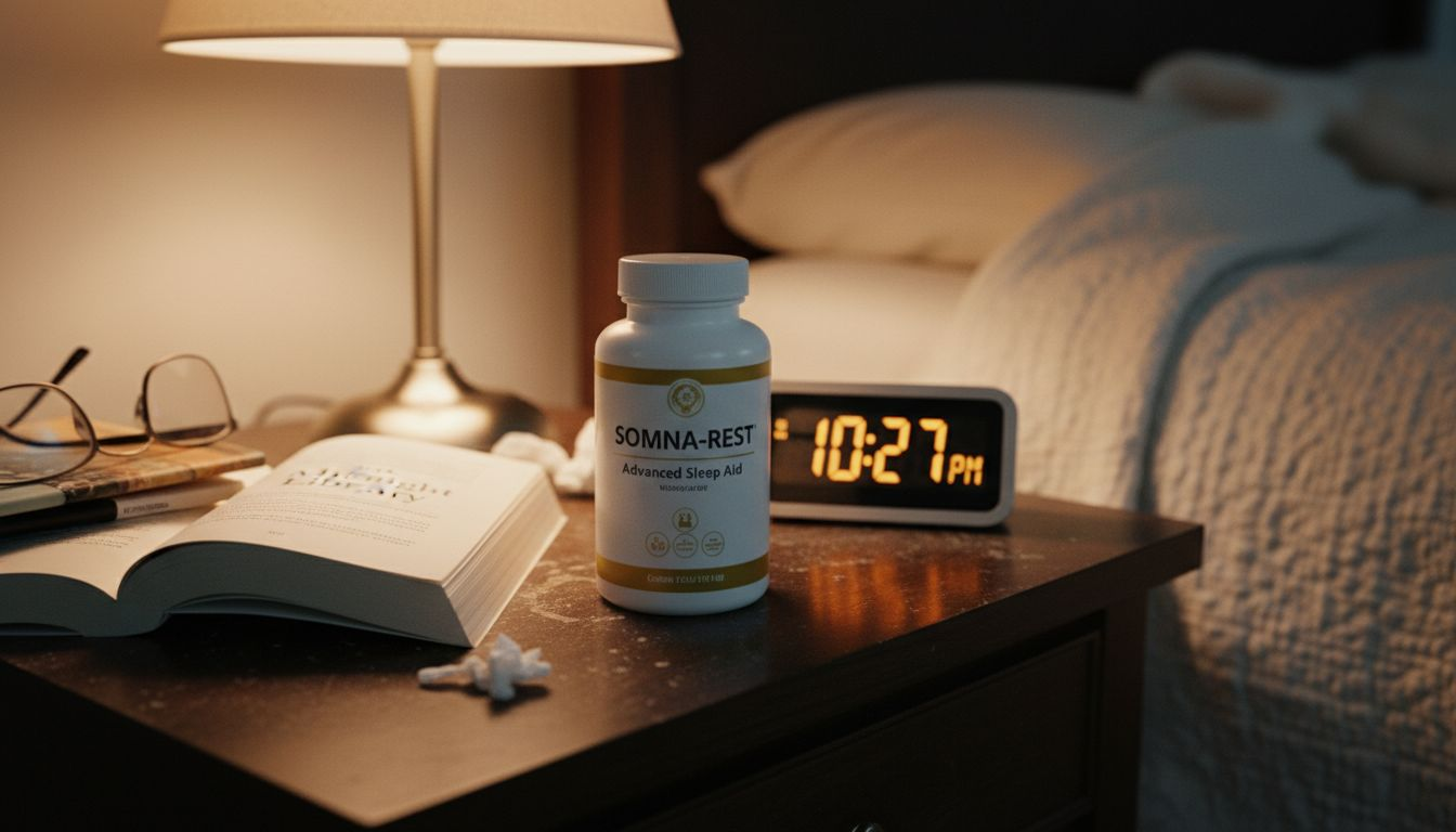Sleep supplement bottle on cluttered bedside table