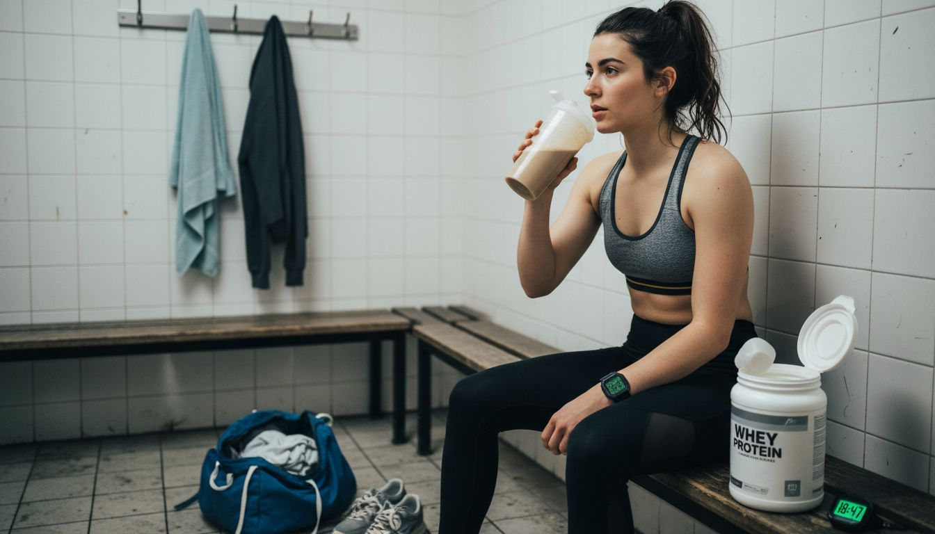 Woman drinking whey shake after workout