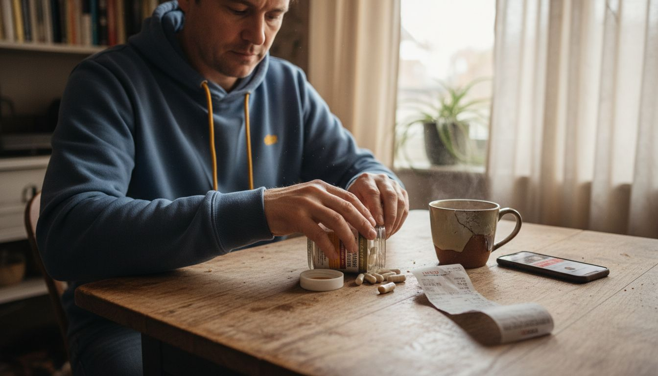 Man opening lion's mane supplement jar at table