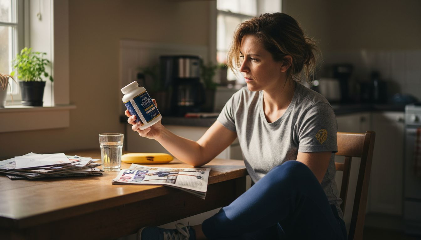 Woman reading collagen supplement label at table