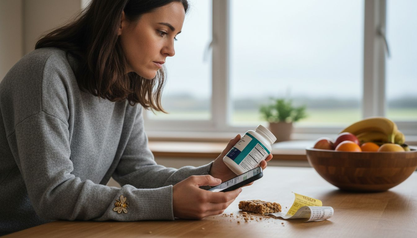 Woman inspects supplement bottle at kitchen counter