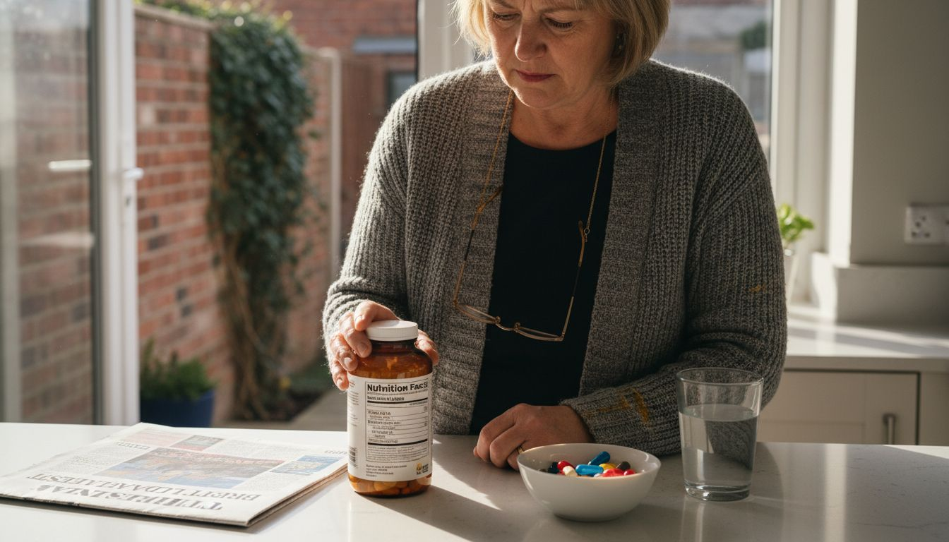 Woman checking vitamin bottle label in kitchen