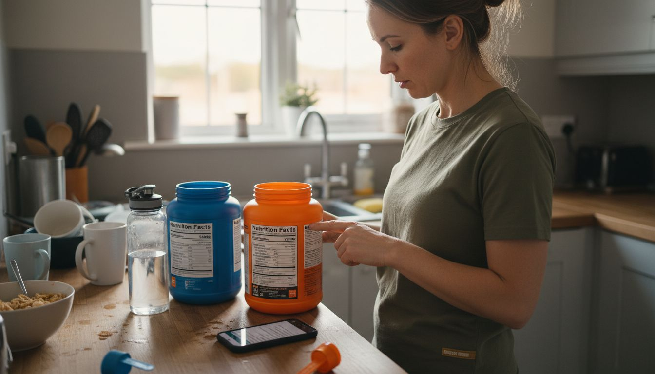 Woman comparing supplement choices in kitchen