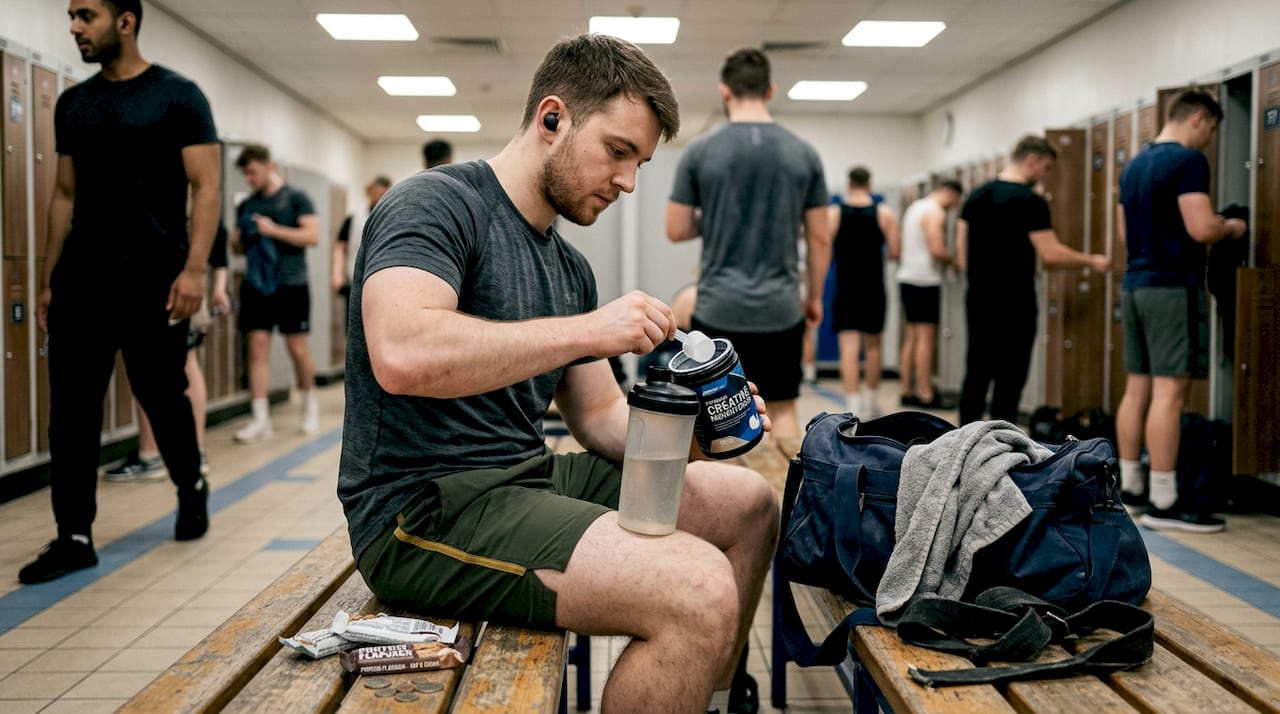 Lifter mixes creatine in busy gym locker room