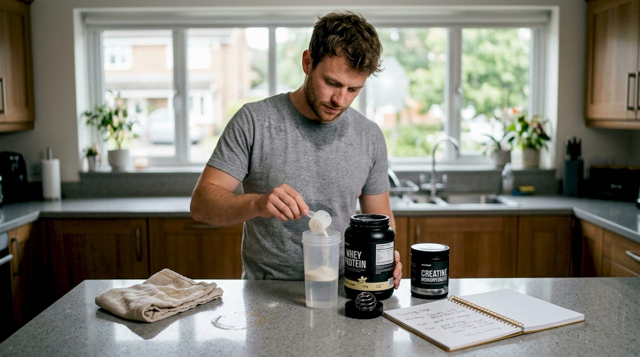 Athlete mixing supplements in kitchen