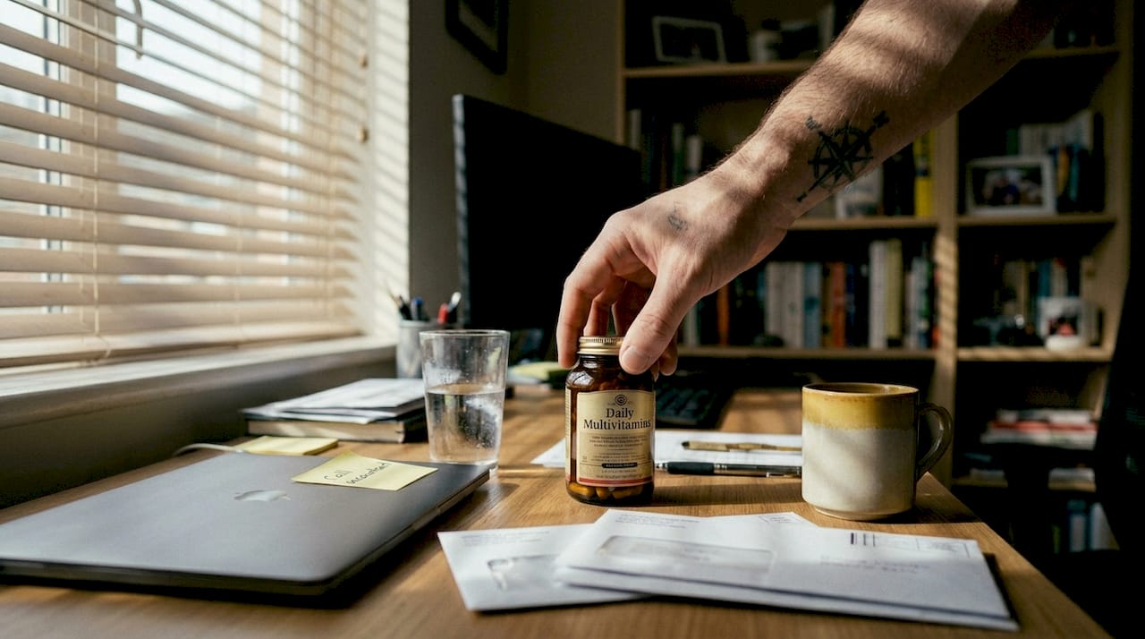 Hand holding multivitamin bottle on cluttered desk