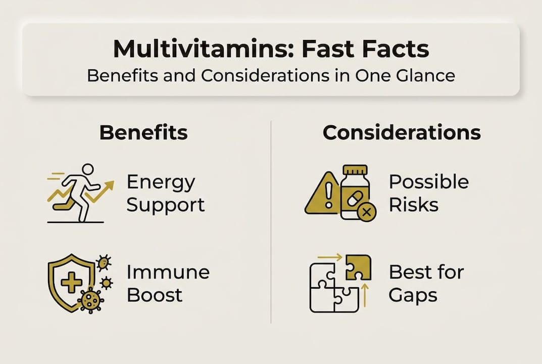 Infographic showing multivitamin benefits and risks summary
