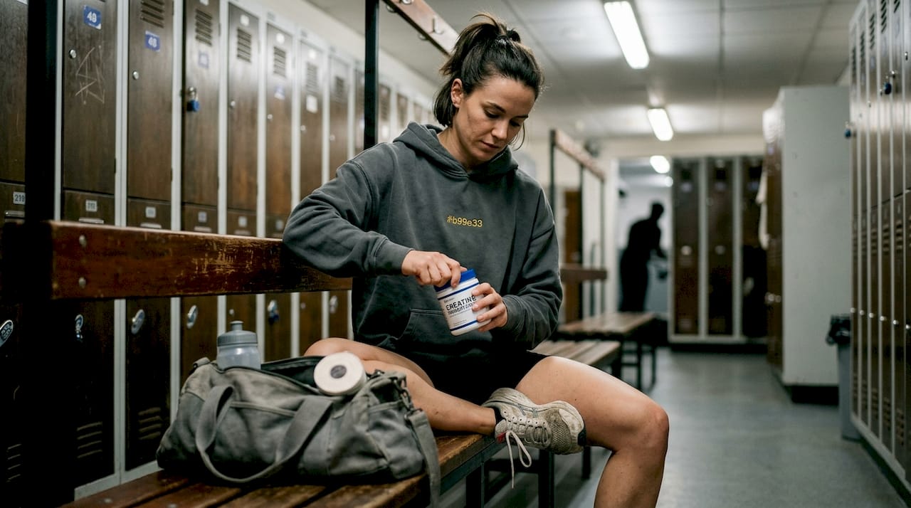 Athlete preparing creatine supplement in locker room