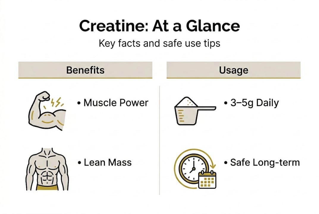 Infographic with creatine benefits and usage tips