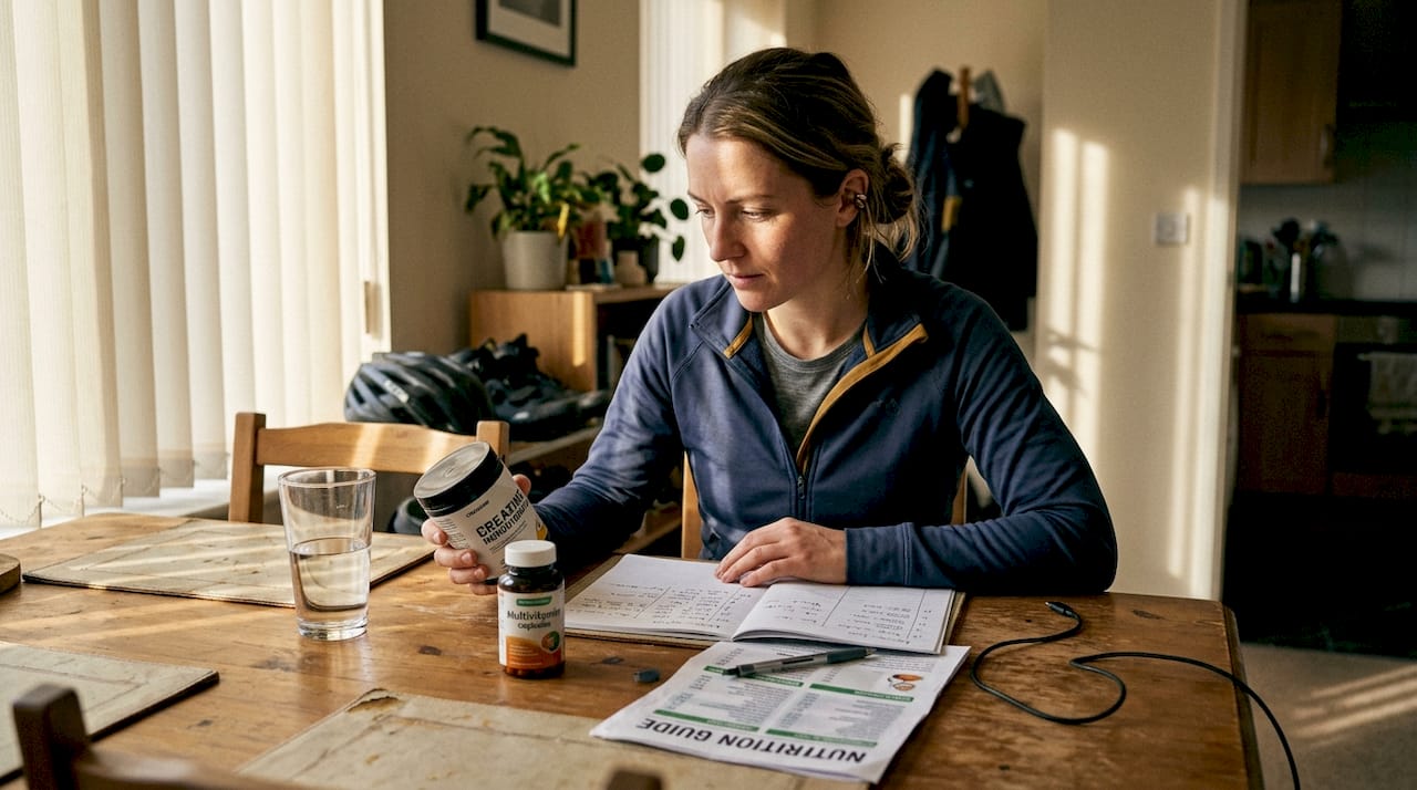 Cyclist reviews supplements at dining table