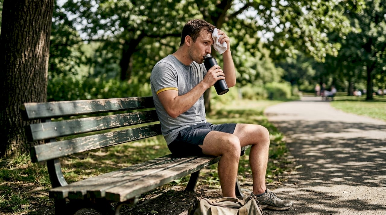 Man recovering after workout with shake outdoors