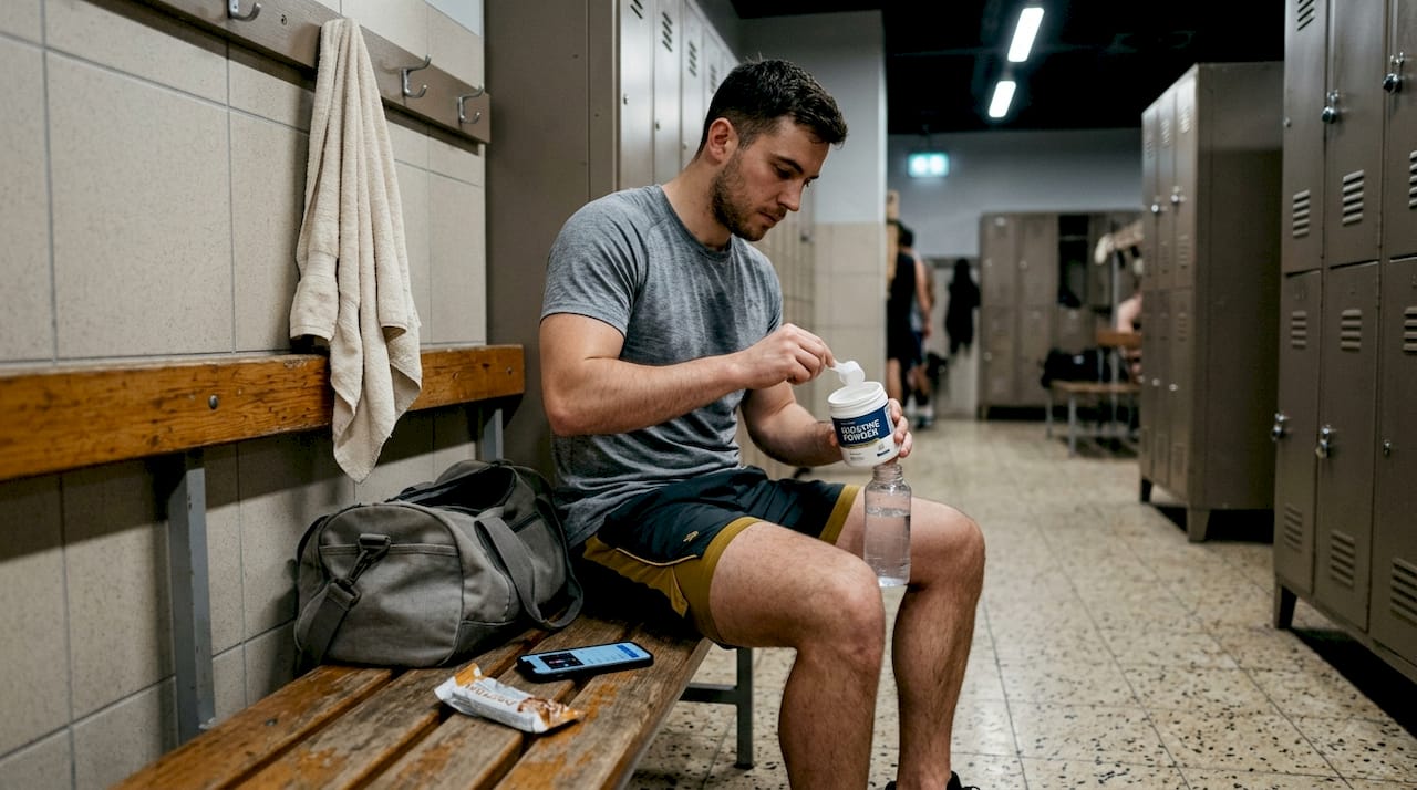 Man mixing supplements in gym locker room