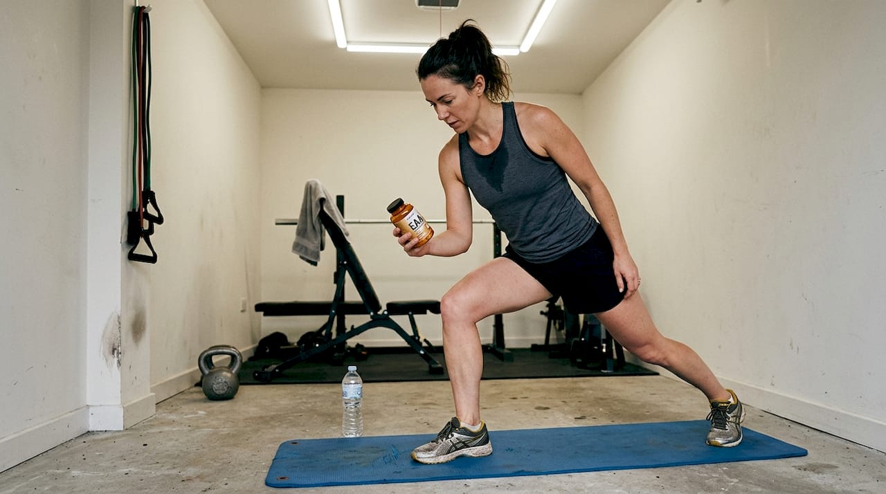 Woman checking EAA supplement in home gym