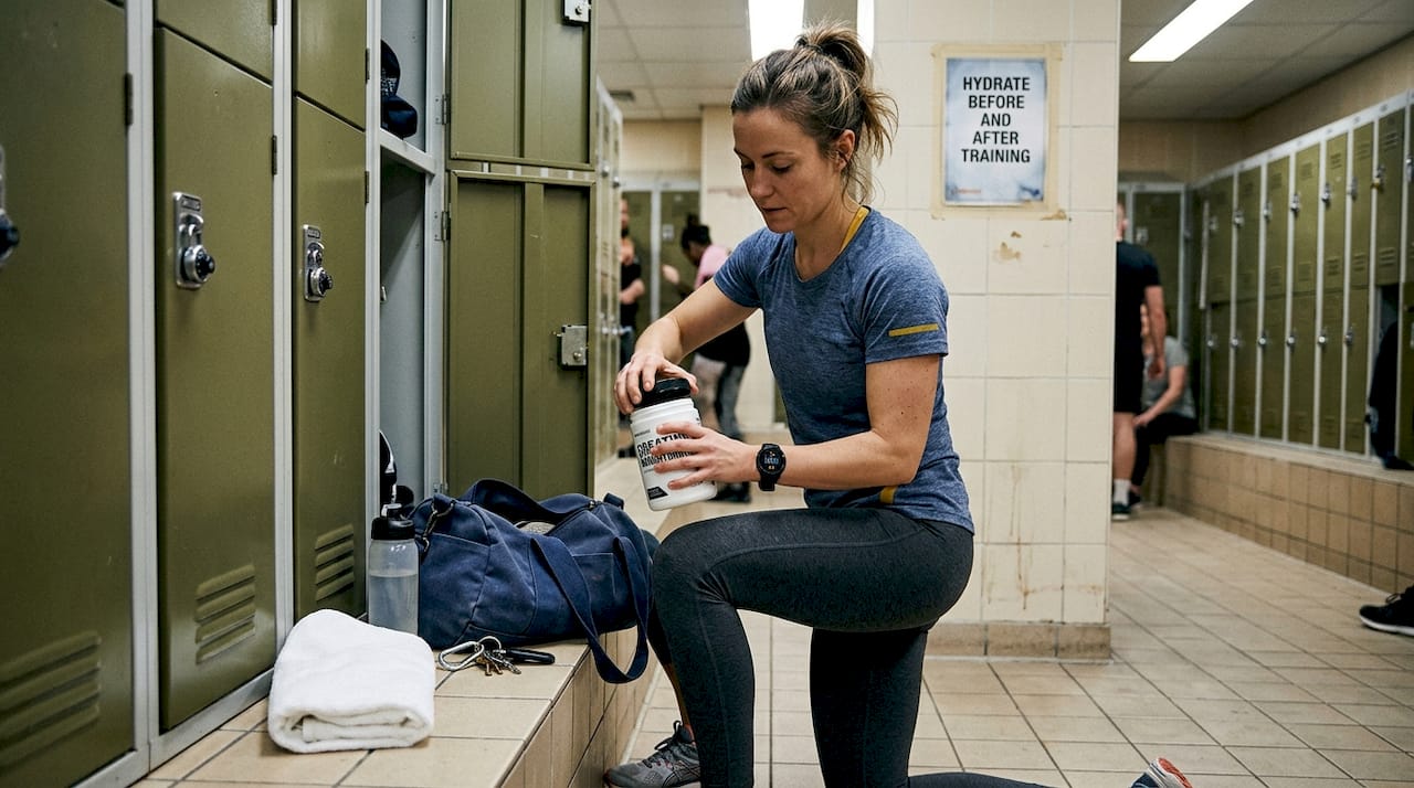 Woman preparing creatine in gym locker room