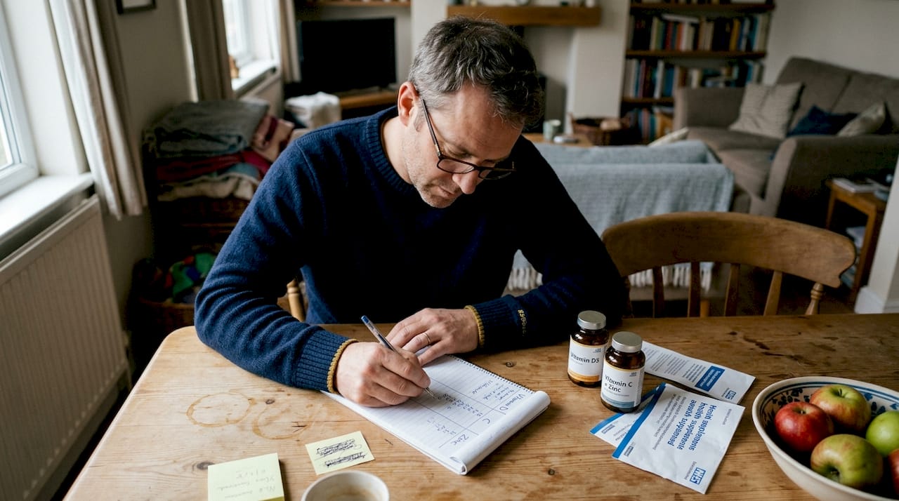 Person comparing supplement notes at dining table