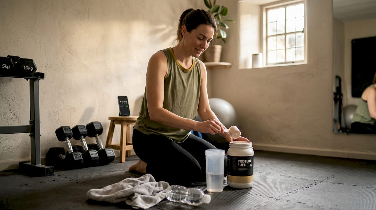 Woman preparing supplements in home gym