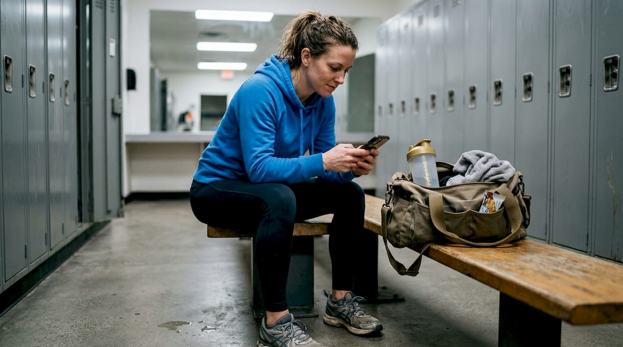 Woman checking phone after using supplements