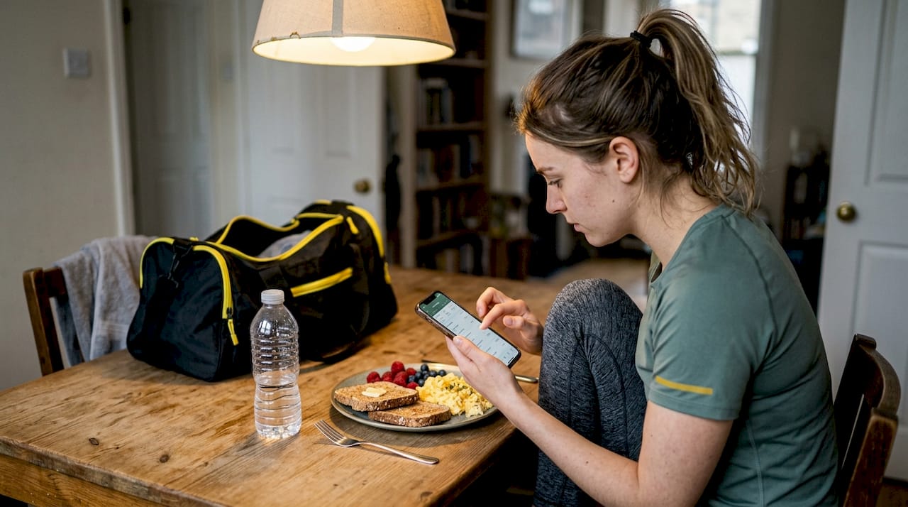 Woman deciding on post-workout meal at table