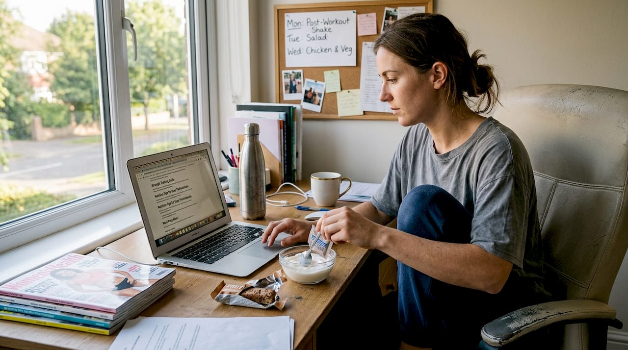 Woman blends protein powder at home desk