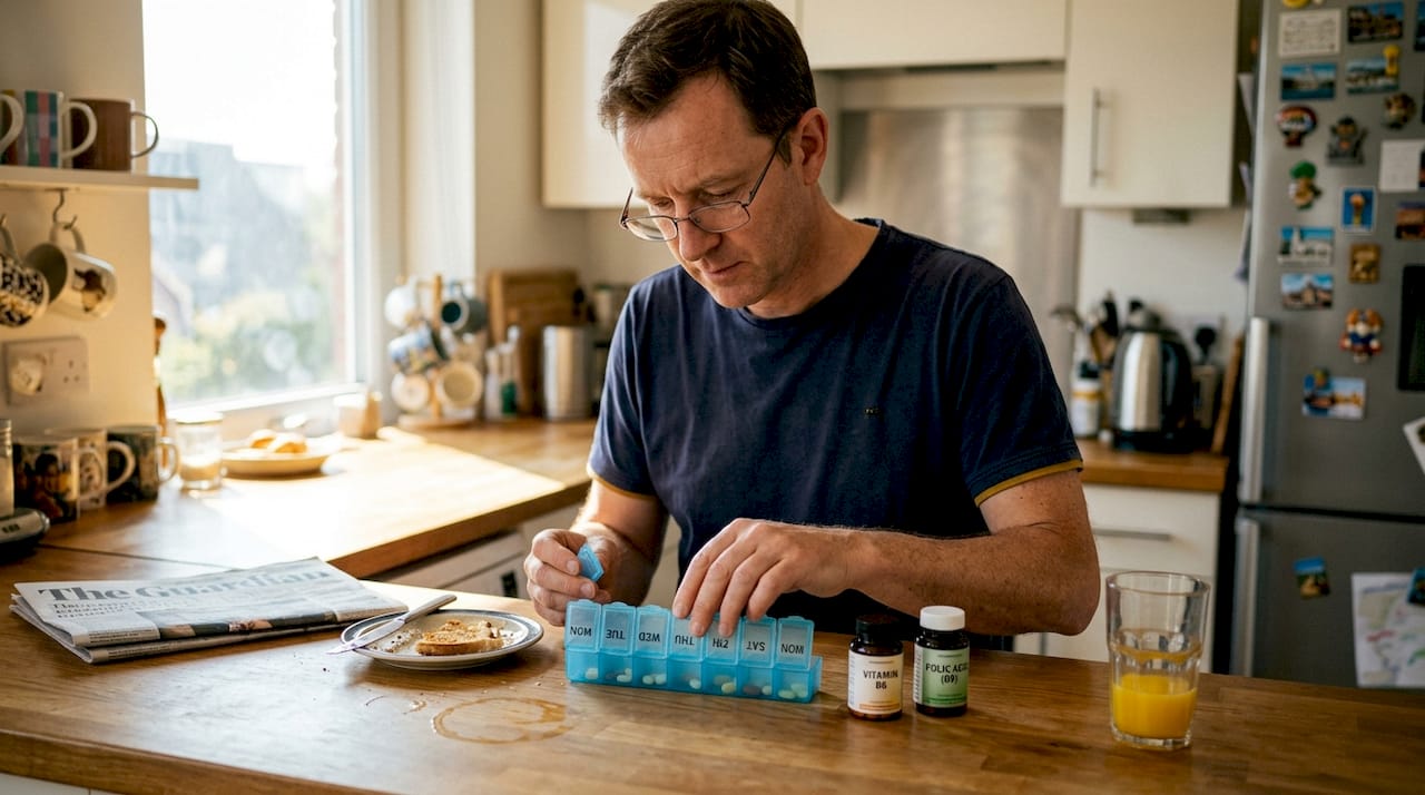 Man organizing B vitamin supplements at breakfast bar