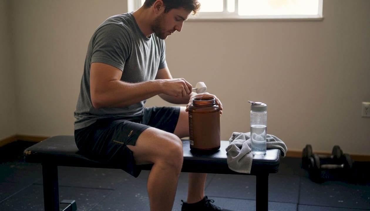 Man measuring supplement in home gym