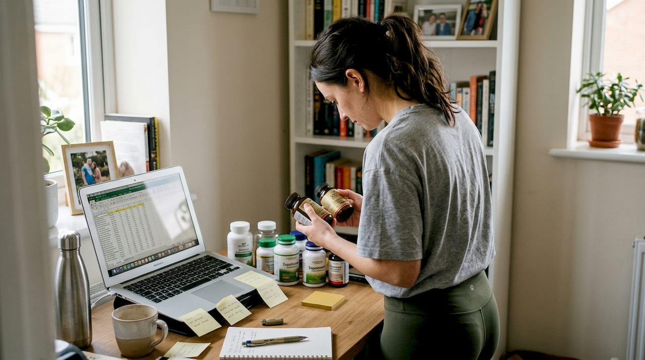 Woman reading supplement labels for safe stacking
