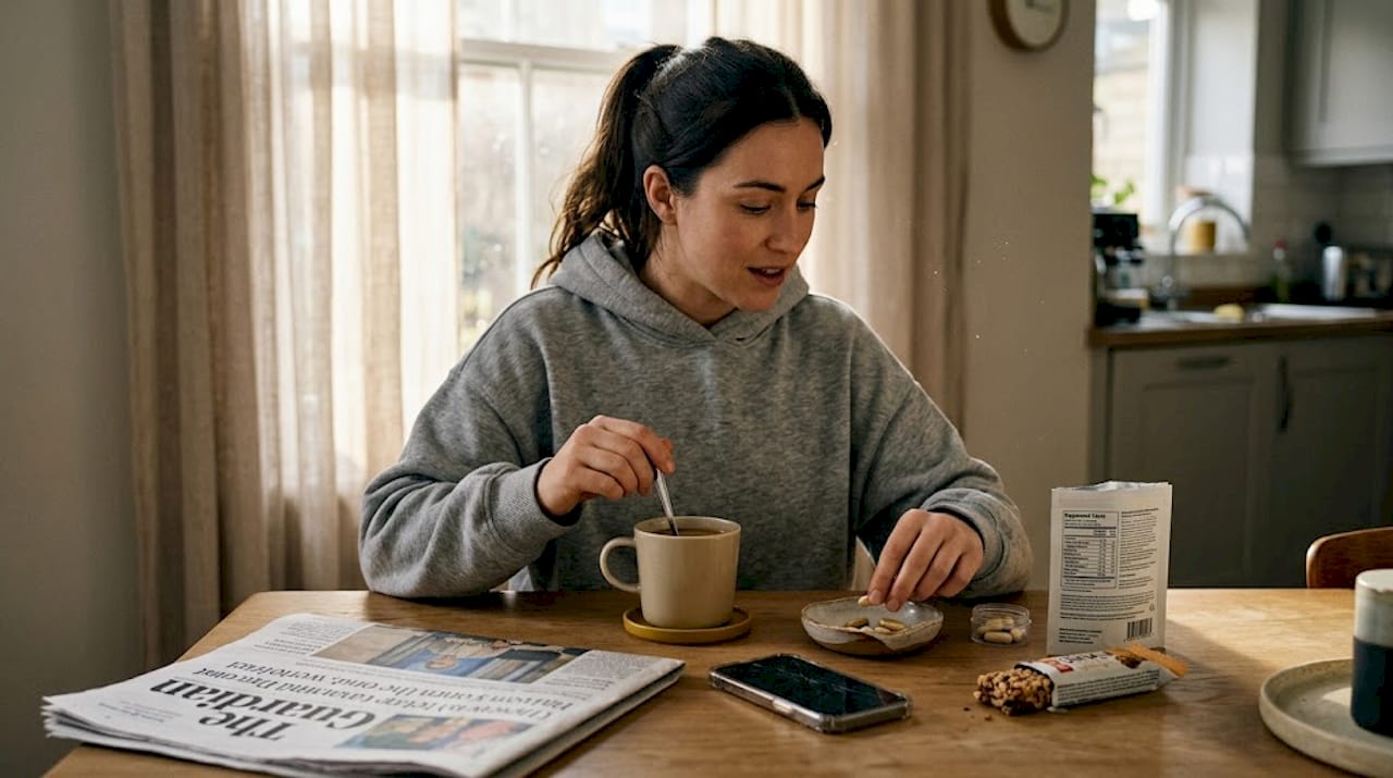 Woman linking morning supplements with breakfast