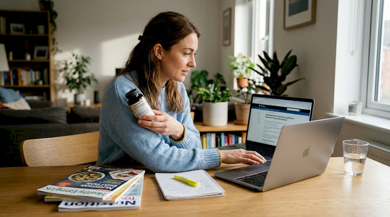Woman comparing supplement panel with website