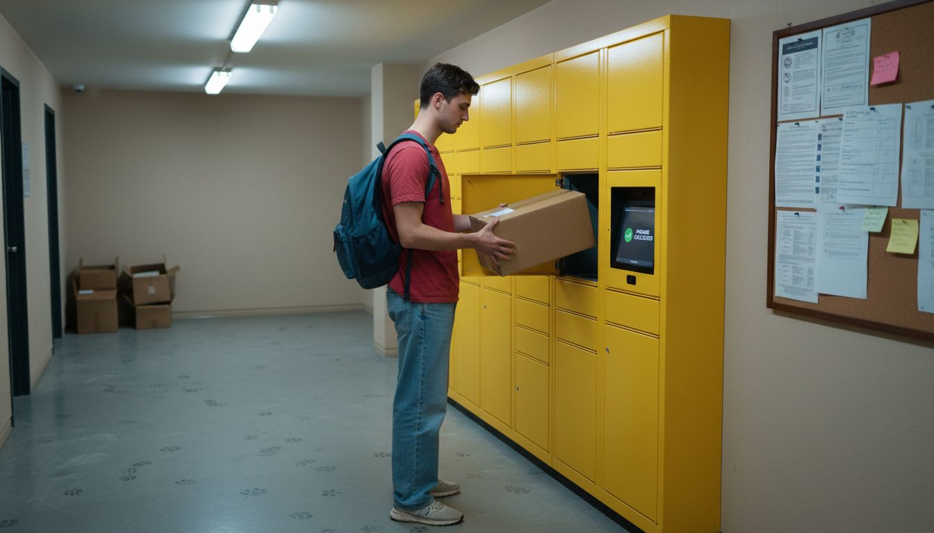 Resident using smart parcel locker touchscreen