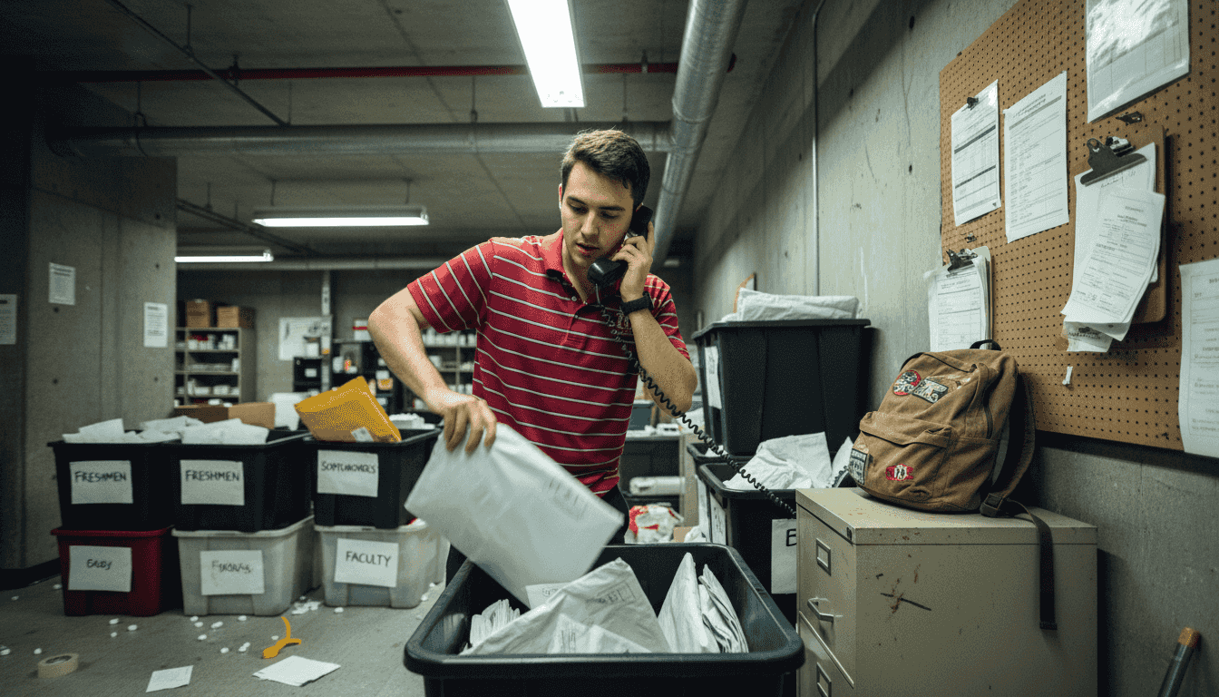 Hectic student mailroom staff sorting packages