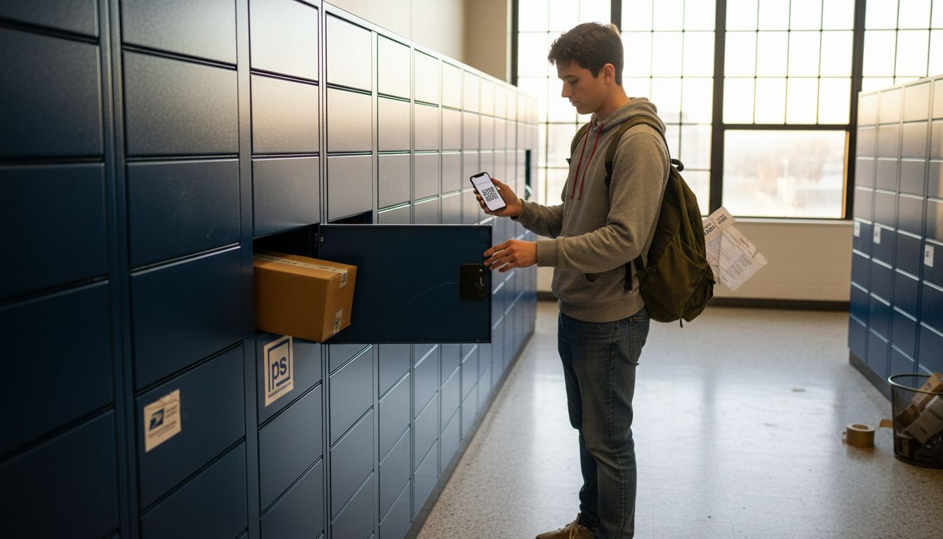 Resident retrieves a parcel from digital mail lockers