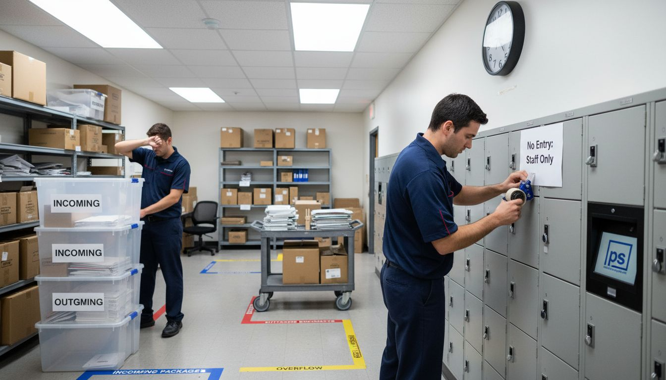 Clerks organizing mailroom with zone labels