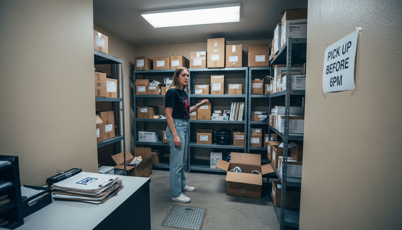 Resident searching cluttered package room for parcel