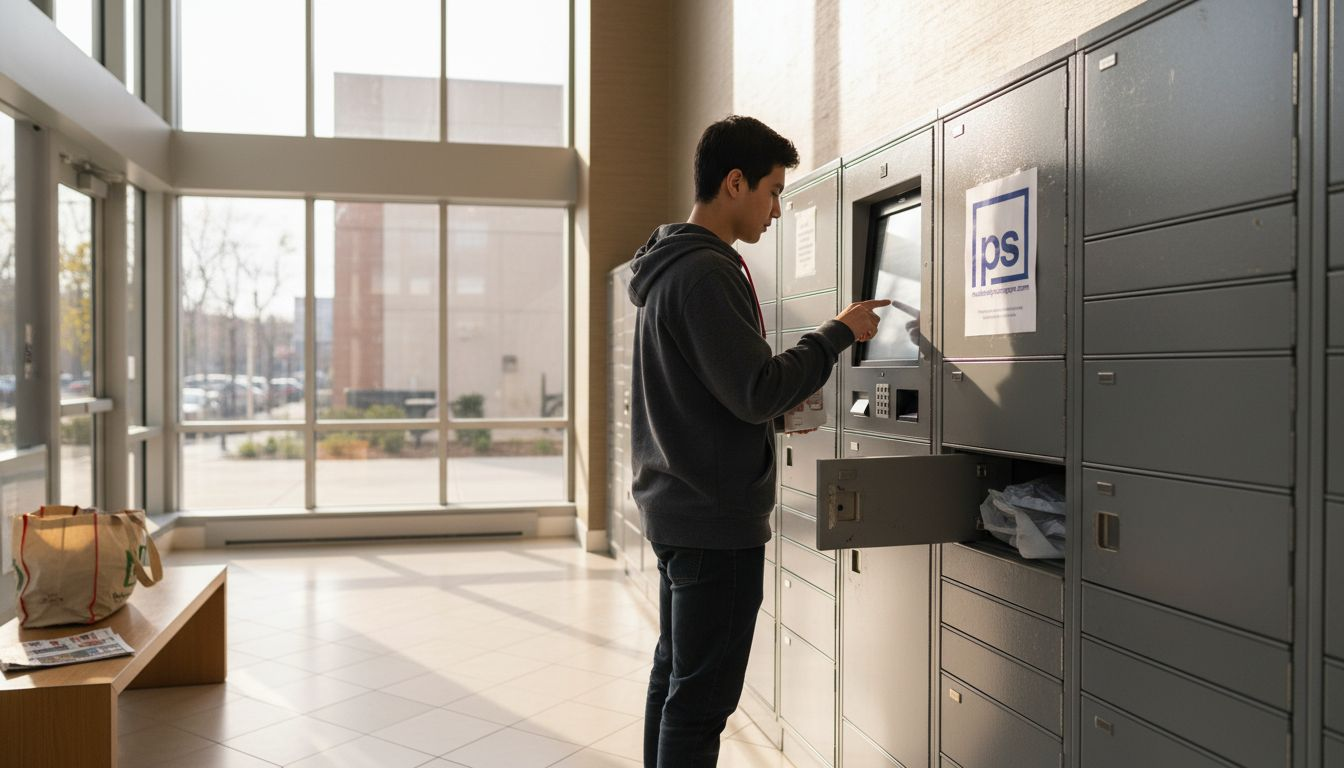 Resident using electronic parcel lockers in lobby