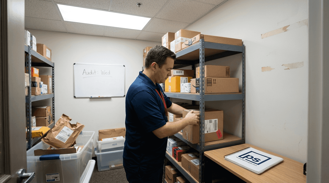 Staff member organizing secure package room