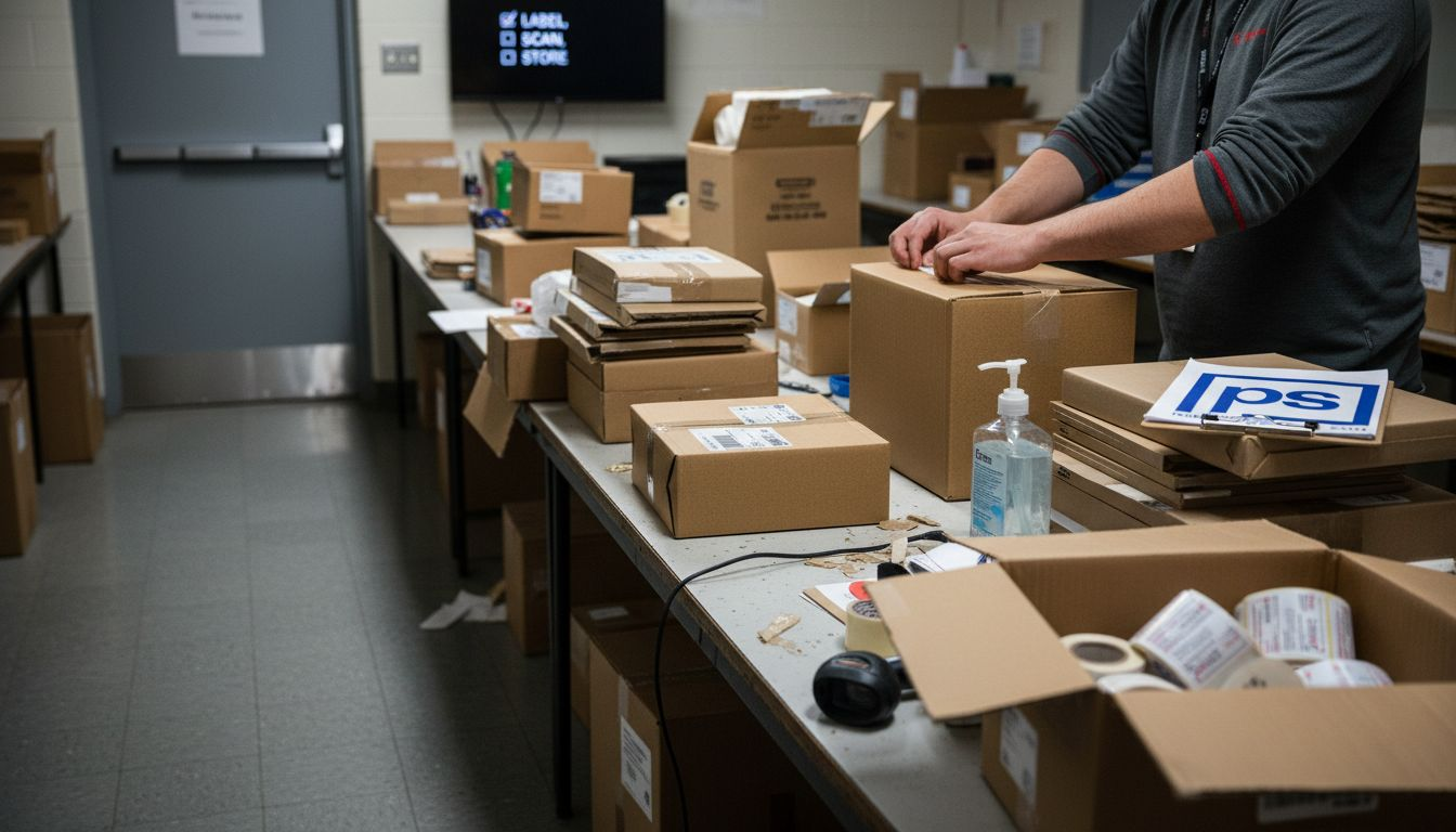Mailroom staff labeling packages at sorting table